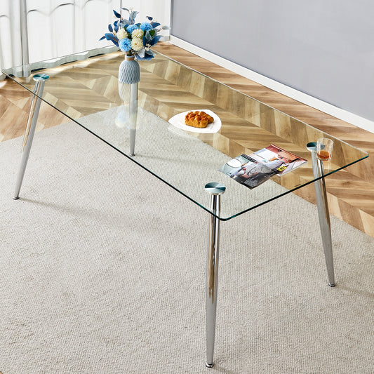 Modern rectangular glass dining table, suitable for 4-6 people, with tempered glass countertop and silver metal table legs, writing desk, suitable for kitchen, dining room and living room.W1151S01595