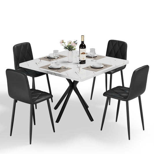 Square Dining Table Set, Mid Century Modern Square Dining Table for 4 Person, Faux Marble Tabletop, Iron Legs, Coffee Table for Kitchen Dining Room, Office, Save Space