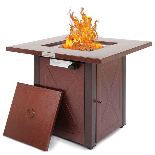 28' 50000 BTU Outdoor Propane Gas Fire Pits Table, Square Brown Texture Outdside Patio Firepits Fireplace Dinning Coffee Tables with Lid & Lava Rock, ETL-Certified, Fit for Courtyard, Patio, Balcony