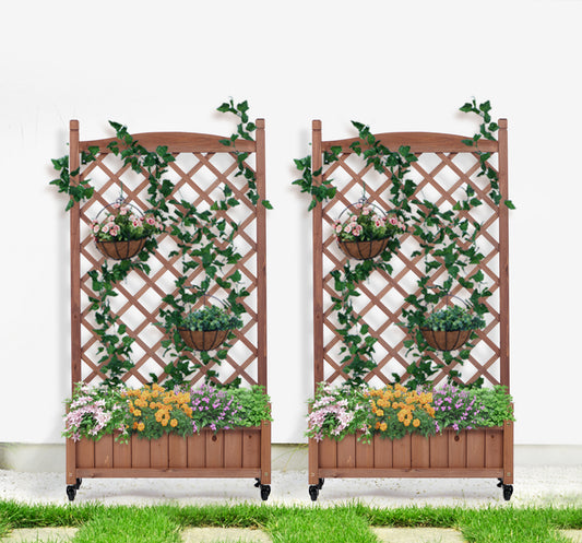 Raised Garden Bed with Trellis 2 Pack, Outdoor Wooden Planter Box & Plant Stand with Climbing Racks