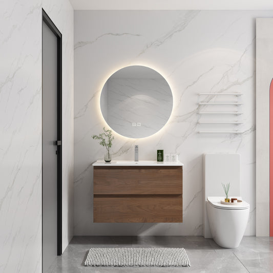 36' Wall-Mounted Bathroom Vanity With Ceramic Sink, 2-Soft Close Drawers, KD-Package