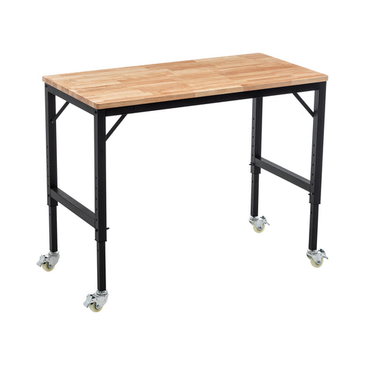 48' Heavy-Duty Adjustable Workbench for Garage, Rubber Wood shop table W/Metal Wheels, Hardwood Workstation Weight Capacity over 2000 Lbs with Wheels