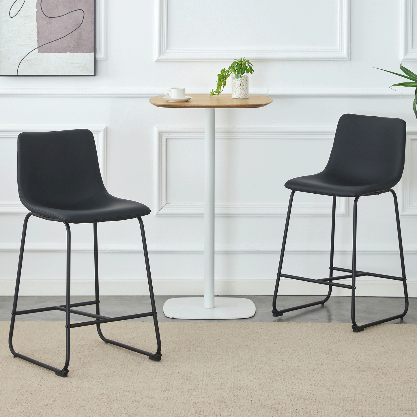 A set of 2 Modern Minimalist Style PU Material Bar Stools - Black, suitable for kitchen, bar, and modern home design, with product dimensions of 17.7*14.5*37 inches.