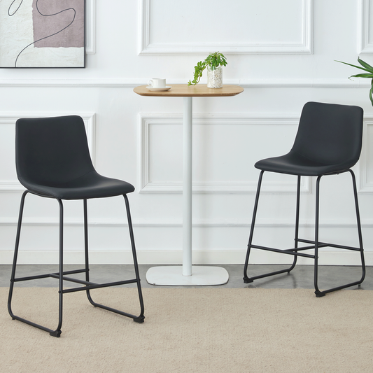 A set of 2 Modern Minimalist Style PU Material Bar Stools - Black, suitable for kitchen, bar, and modern home design, with product dimensions of 17.7*14.5*37 inches.