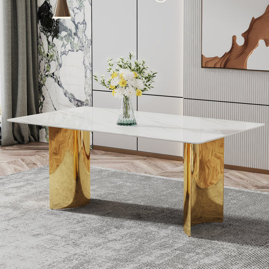Modern minimalist dining table. The white imitation marble glass desktop is equipped with golden metal legs. Suitable for restaurants and living rooms 71 '* 39.3' * 29.5 'DT-69