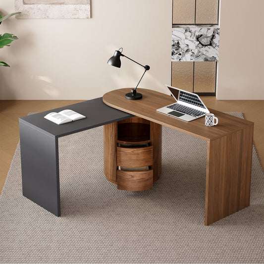 59' Modern L Shaped Desk in Walnut with 2 Drawers and Open storage,360° Wood Rotating Desk,Executive Office Desk,Corner Desk,Office Study Workstation,for Home Office or Living Room,Walnut