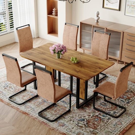 Table and chair set.67'x36' Wood-Textured MDF Dining Table Set with 6 Brown Fabric Chairs.MDF sticker,Wood colored texture sticker,Black C-tube dining chair legs,Suitable for kitchen,Dining room,etc.