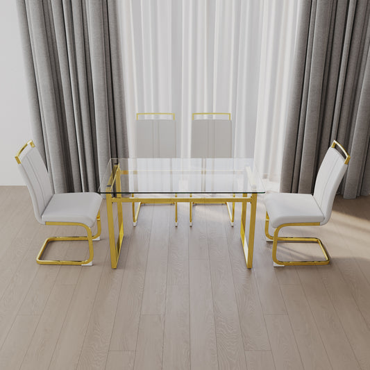 51 inch Glass Dining Table Set for 4, Dining Table & Chair Sets with Golden Plating Legs for Kitchen, Modern Rectangle Tempered Glass Table Top and  PU Dining  armless Chair for Dining Room