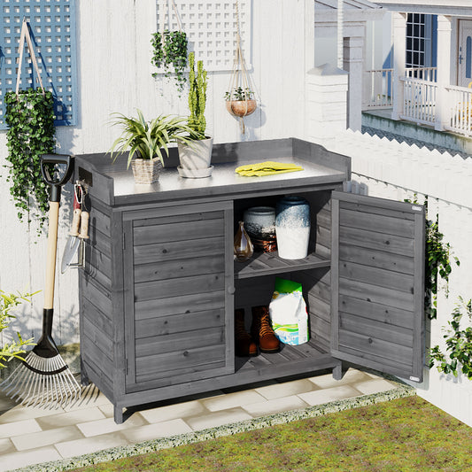 TOPMAX Outdoor 39' Potting Bench Table, Rustic Garden Wood Workstation Storage Cabinet Garden Shed with 2-Tier Shelves and Side Hook, Grey
