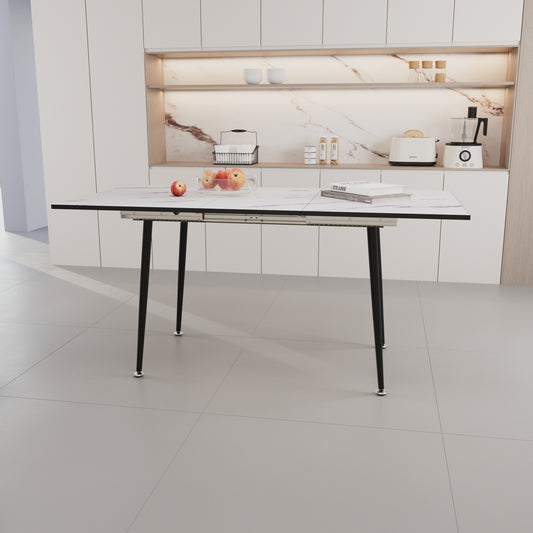 47' expandable to 63' inch MDF square white marble patterned dining table, modern industrial kitchen and dining table, equipped with tapered black metal legs