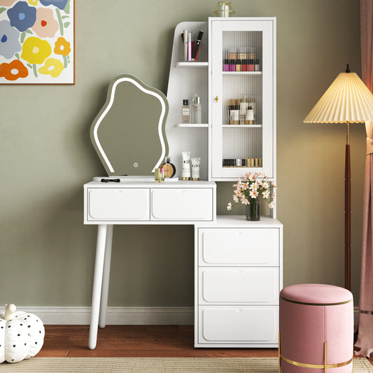 Vanity Desk with Mirror and Lights, Makeup Vanity Mirror with Lights,Dressing Table  with 5 Drawers, Dressing Table  Cabinet with glass door