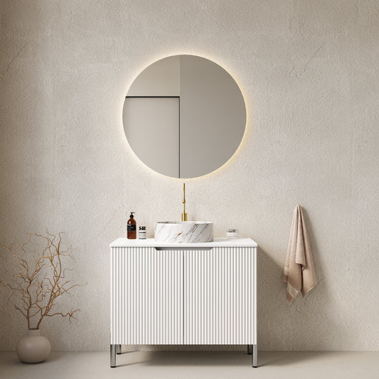 TURIO 30' Bathroom Vanity with Sink, Freestanding Bathroom Storage Cabinet with 2 Doors, White Round Ceramic Basin with Stone Pattern and Carrara White Counter Top, No Faucet, White Color