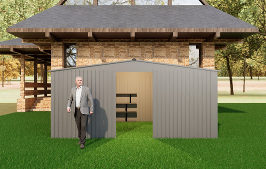 New Outdoor Storage Shed has two Functions: Metal shed and Firewood Shed 11ft x13ft ,Grey