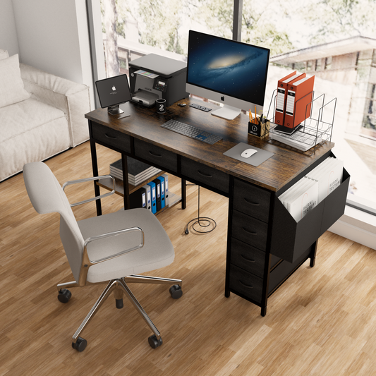 47' Computer Desk With Power Outlet,Writing Desk with 7 Fabric Drawers,Vanity table Drawers and Large Side Pocket,Rustic Brown