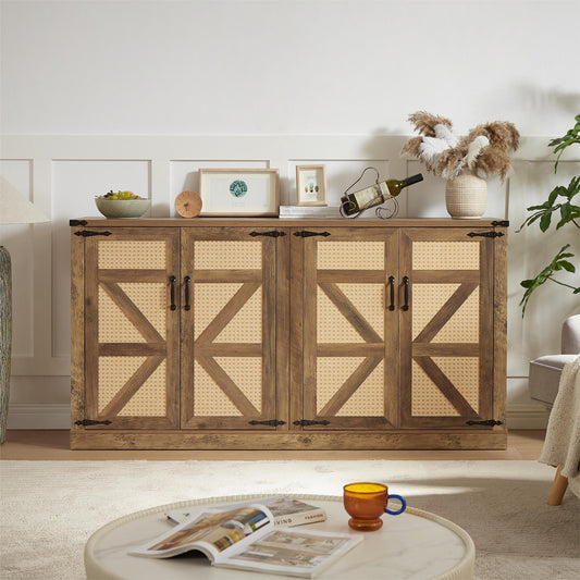 65-Inch Rustic Oak Color Faux Rattan Sideboard, Barn Door Rustic Style Sideboard, Living Room, Entryway, Bedroom, Dining Room Four Door Storage Cabinet
