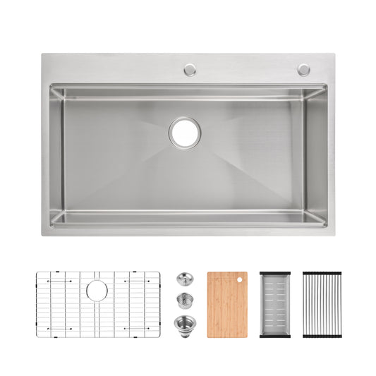 Stainless Steel Kitchen Sink, 36″x22″ Single Bowl, Overmount Handmade Sink in Brushed, with Cutting Board, Colander, Grid, SS-BR01-362208