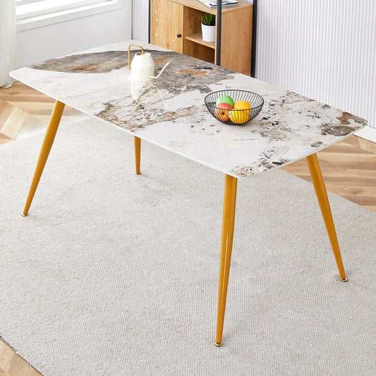 Modern minimalist dining table. White imitation marble pattern SINTERED STONE desktop with golden metal legs.62.2'*34.6'*30' F-001