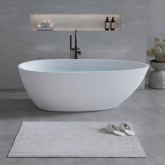59'' Solid Surface Matte Tub, Freestanding Solid Surface Resin Stone Bathtub, Solid Surface Matte White Soaking Tub,Free Standing Tub with Overflow and Pop-up Drain, Matte White