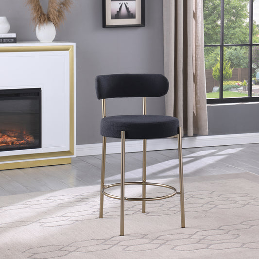 Woker Furniture Modern Sherpa Counter Height Stools Set of 2, Uphsoltered 26' Seat Height Barstools with Brushed Brass Metal Legs Round Low Back Kitchen Stools with Footrest for Dining Room, Black