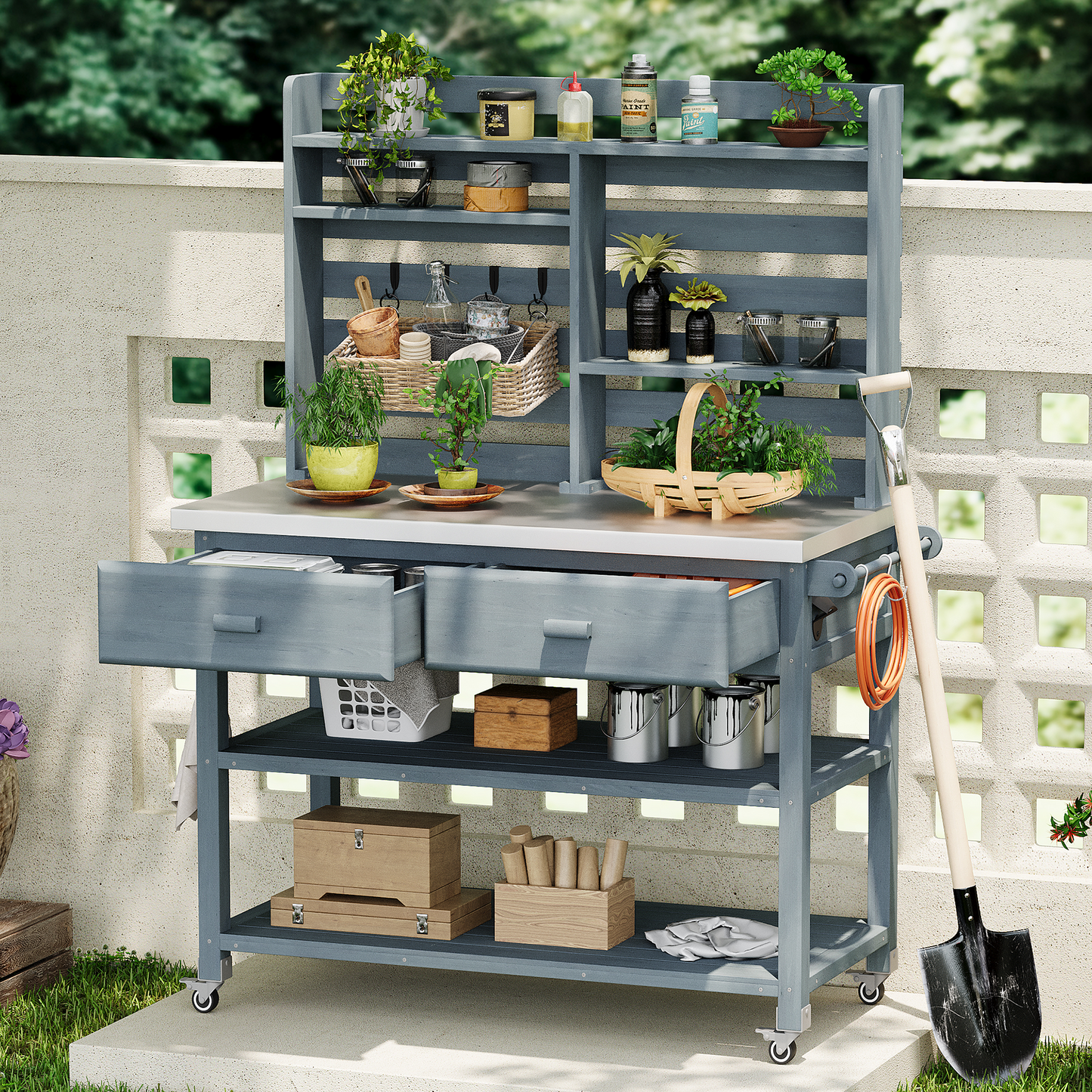 K&K 64.9'H Outdoor Potting Bench Table with Lockable Wheels, Solid Wood Outdoor Kitchen Island with Upper Hutch, Stainless Steel Top, Towel Rack ,Outdoor Storage for Grilling, Lawn Garden -Grey Blue