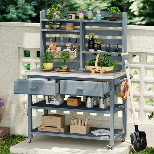 K&K 64.9'H Outdoor Potting Bench Table with Lockable Wheels, Solid Wood Outdoor Kitchen Island with Upper Hutch, Stainless Steel Top, Towel Rack ,Outdoor Storage for Grilling, Lawn Garden -Grey Blue