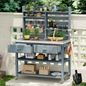 K&K 64.9'H Outdoor Potting Bench Table with Lockable Wheels, Solid Wood Outdoor Kitchen Island with Upper Hutch, Stainless Steel Top, Towel Rack ,Outdoor Storage for Grilling, Lawn Garden -Grey Blue