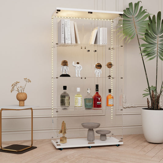 Tempered glass display cabinet, wine cabinet,storage cabinet,file cabinet,with Bluetooth LED light strip,lock on the door,equipped with cast,easy to move,for living room, bedroom,hallway,Office,white