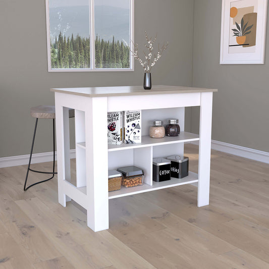 Kitchen Island, Kitchen Table 35' H, Three Open Storage Shelves, Four Legs, White / Light Gray