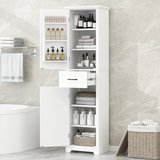 Tall Bathroom Storage Cabinet, Freestanding Storage Cabinet with Two Doors and Adjustable Shelves, Door Shelve Design, MDF Board with Painted Finish, White