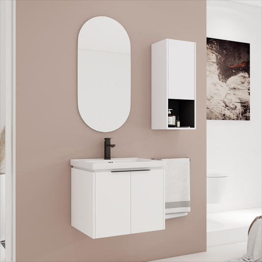 24' Wall-Mounted Bathroom Vanity With Ceramic Sink and Side Cabinet & Soft Close Doors, Combination Cabinet (KD-Package)