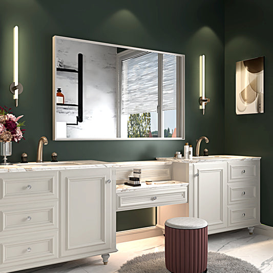 40x30inch Glossy White Rectangular Wall-Mounted Beveled Bathroom Mirror,Square Angle Metal Frame Wall Mounted Bathroom Mirrors For Wall(Horizontal & Vertical)