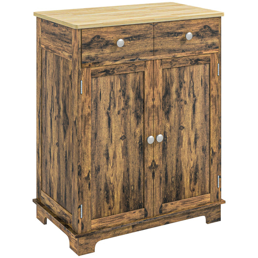 HOMCOM Sideboard with Solid Wood Countertop, Modern Kitchen Storage Cabinet, Coffee Bar Cabinet with 2 Drawers, Doors and Adjustable Shelf, Rustic Brown