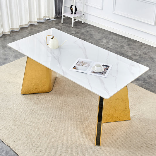63'x31.5x30' Luxurious Snow Mountain Stone Slab Dining Table with Golden Stainless Steel Butterfly Legs.The tabletop is designed to be scratch and heat resistant.Slabs Tabletop,