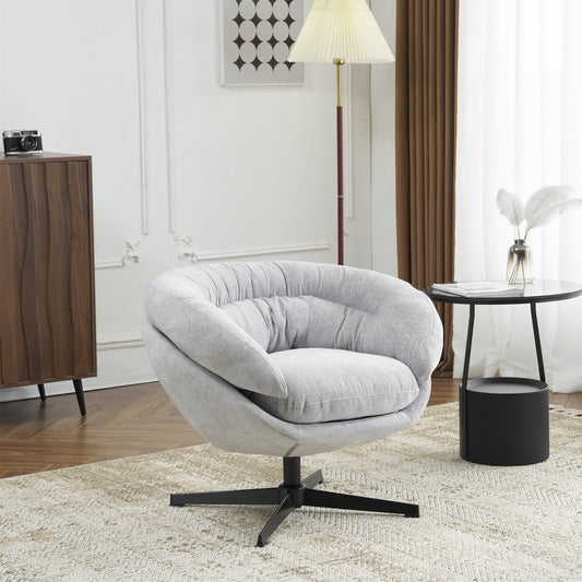 Modern Chenille Office Chair, 360° Swivel Club Chair/Accent Chair with Removable Cushion, Round Office Chair, Black Metal Base, Cotton Material, Living Room, Bedroom, Reading Corner, Office (Gray)
