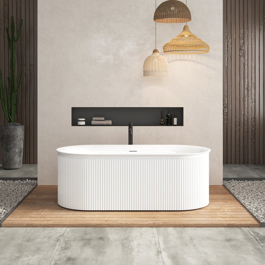 67' Acrylic Freestanding Bathtub-Acrylic Soaking Tubs, Fluted style-Gloss White Freestanding Bathtub With Integrated Slotted Overflow and Brushed Nickel Toe-tap Drain, 02149-BN