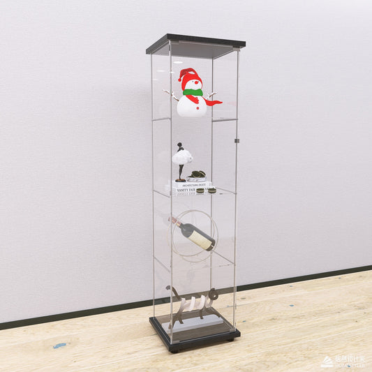 4-Tier Glass Display Cabinet Glass Display Case Floor Standing Curio Bookshelf with Door,Black