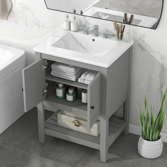 [VIDEO] 24' Grey Modern Sleek Bathroom Vanity Elegant Ceramic Sink with Solid Wood Frame Open Style Shelf