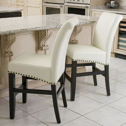 Contemporary leather counter stools,Ivory dining chairs with nail-head decoration  (Set of 2),25 inches upholstered dining chairs suitable for Kitchen/Bedroom/Dining Room.