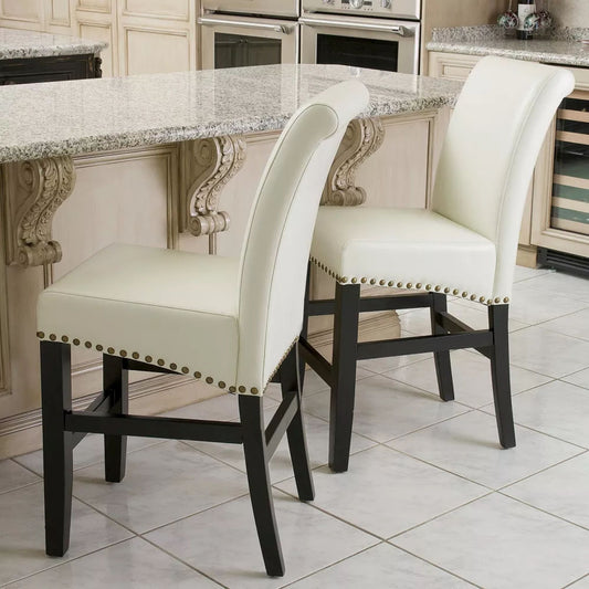 Contemporary leather counter stools,Ivory dining chairs with nail-head decoration  (Set of 2),25 inches upholstered dining chairs suitable for Kitchen/Bedroom/Dining Room.