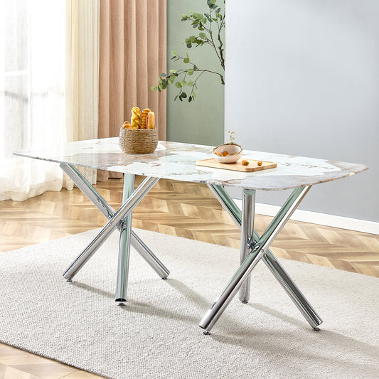 Large modern minimalist rectangular dining table suitable for 6-8 people, equipped with a 0.39 'imitation marble tabletop and metal legs,for Kitchen Dining Living Meeting Room Banquet hall,71'x 40'x30