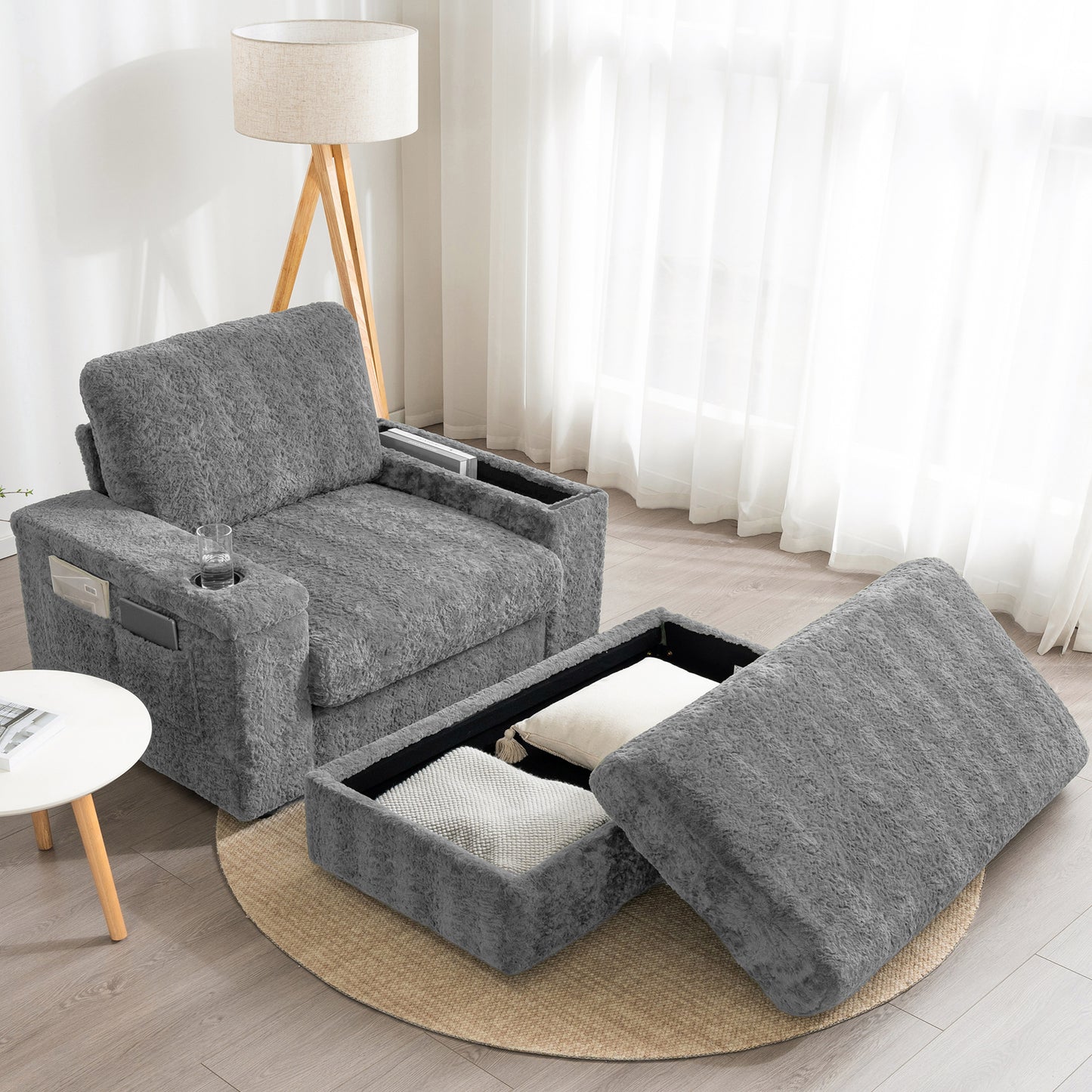 [Video]42' Oversized Chaise Lounge Indoor,Faux Rabbit Fur Sofa Bed with Storage Ottoman and Armrests,Cup Holders,Upholstered Sleeper Chair,Reading Couch with Deep Seat for Living Room,Bedroom,4 Colors