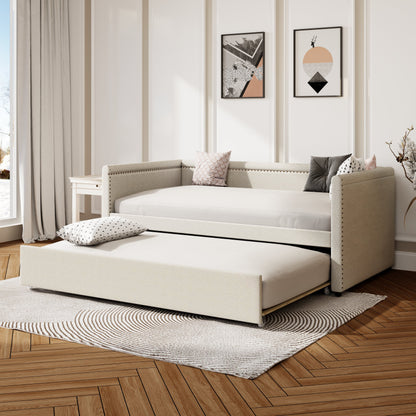 Modern Style Twin Size Upholstered Daybed with Trundle for Guest Room, Small Bedroom, Study Room, Beige