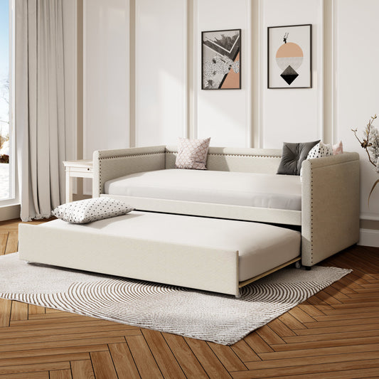 Modern Style Twin Size Upholstered Daybed with Trundle for Guest Room, Small Bedroom, Study Room, Beige