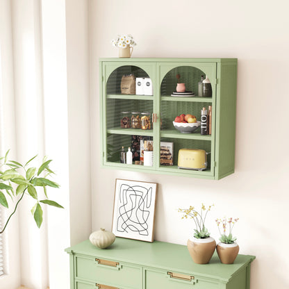 27.56'Glass Doors Modern Two-door Wall Cabinet with Featuring Three-tier Storage for Entryway Living Room Bathroom Dining Room,Wall Cabinet with Characteristic Woven Pattern,Green
