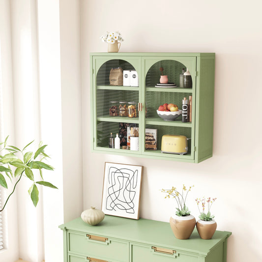 27.56'Glass Doors Modern Two-door Wall Cabinet with Featuring Three-tier Storage for Entryway Living Room Bathroom Dining Room,Wall Cabinet with Characteristic Woven Pattern,Green