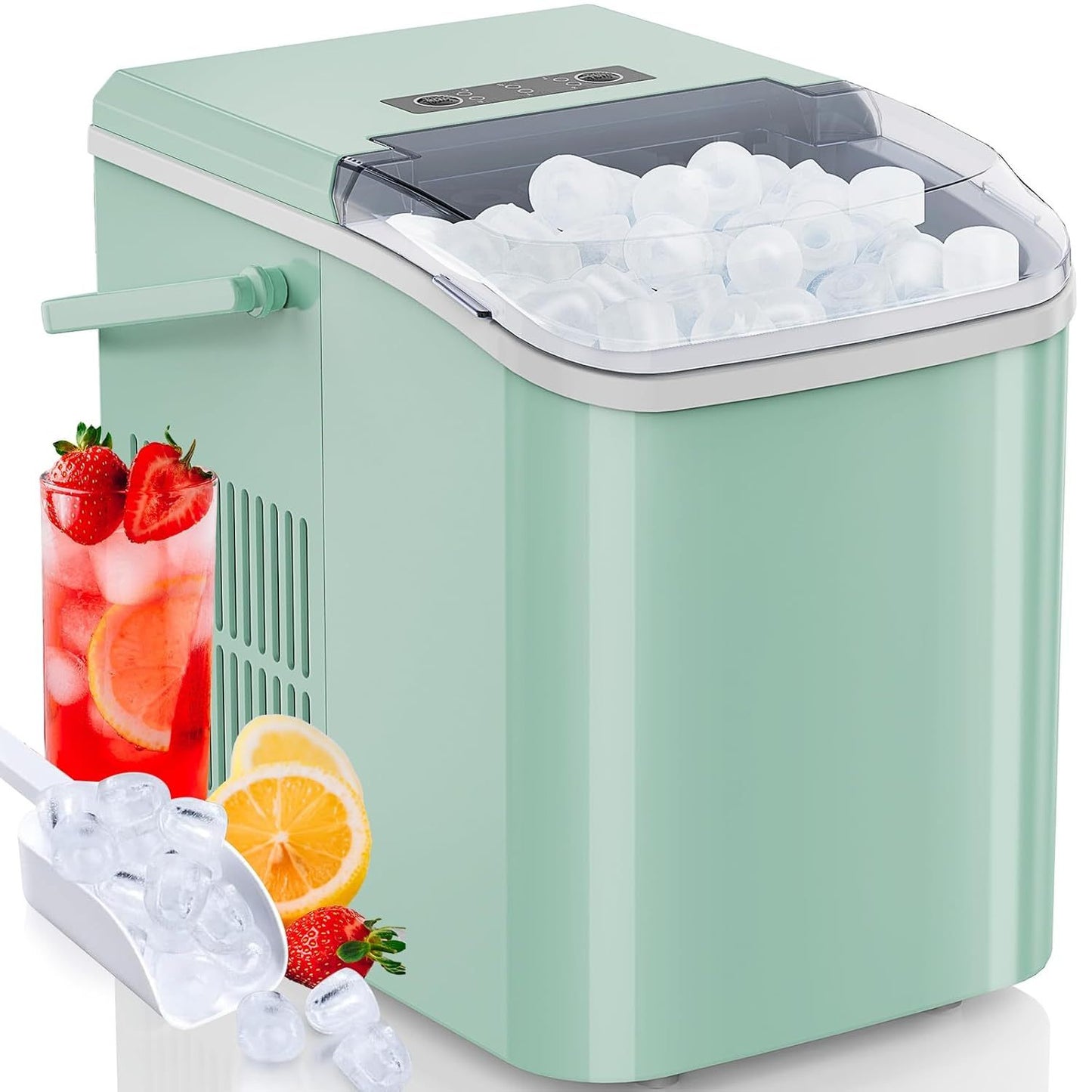 Countertop Ice Maker Machine Self-Cleaning, Fast Making 9 Ice Cubes in 6 Minutes, 26.5lbs/24Hrs, 2 Sizes Bullet Ice, Portable Ice Machine with Ice Scoop, Basket and Handle, Green