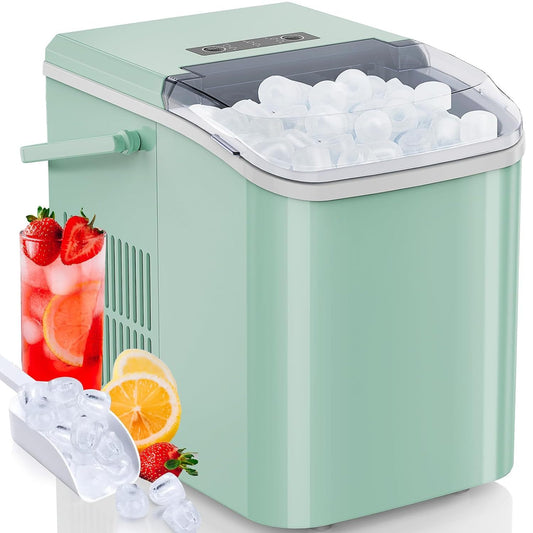 Countertop Ice Maker Machine Self-Cleaning, Fast Making 9 Ice Cubes in 6 Minutes, 26.5lbs/24Hrs, 2 Sizes Bullet Ice, Portable Ice Machine with Ice Scoop, Basket and Handle, Green
