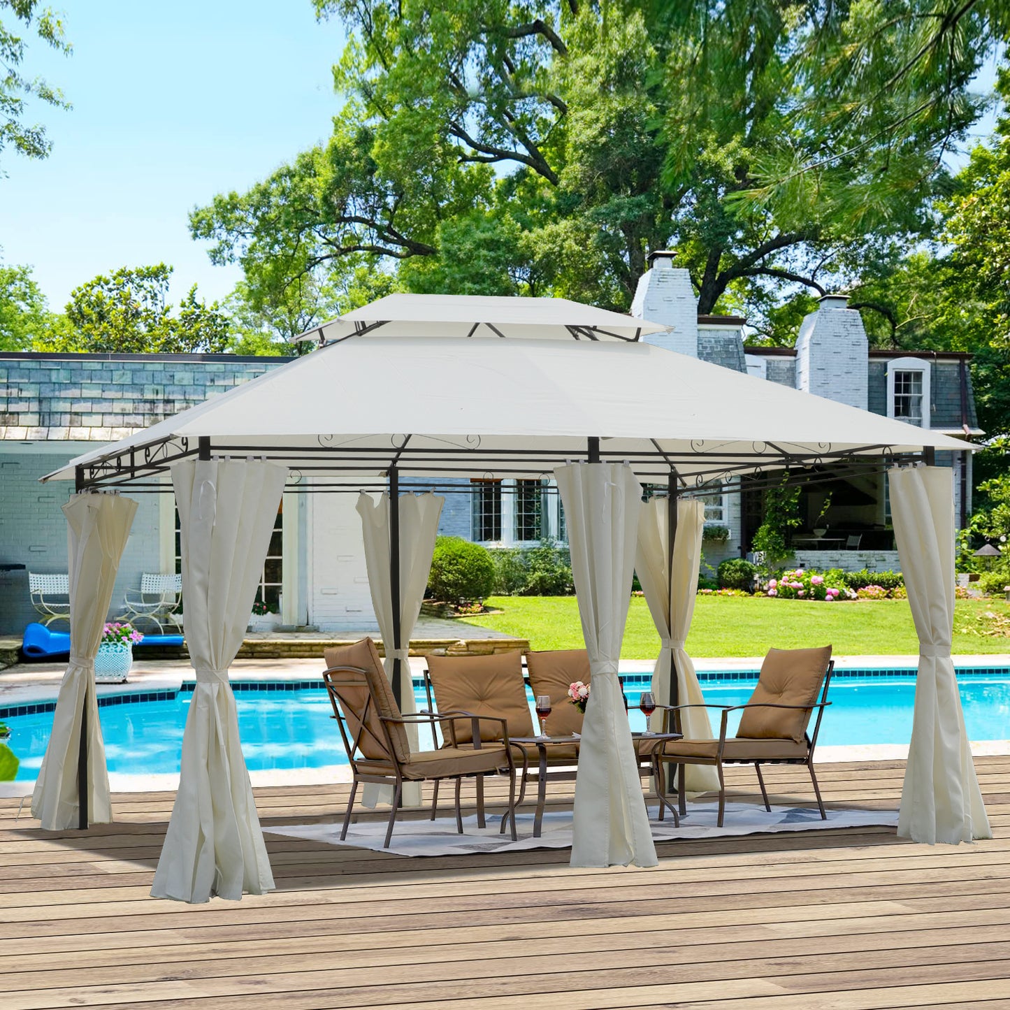 13x10 Outdoor Patio Gazebo Canopy Tent With Ventilated Double Roof And Mosquito net(Detachable Mesh Screen On All Sides),Suitable for Lawn, Garden, Backyard and Deck,BEIGE Top