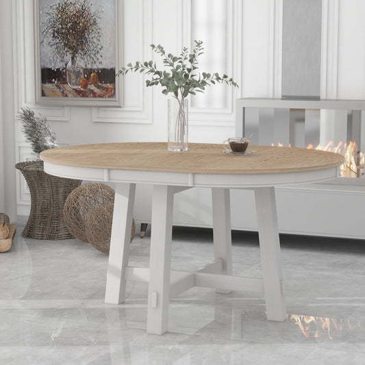 TREXM Farmhouse Round Extendable Dining Table with 16' Leaf Wood Kitchen Table (Oak Natural Wood + Antique White)