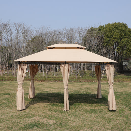 13x10 Outdoor Patio Gazebo Canopy Tent With Ventilated Double Roof And Mosquito net(Detachable Mesh Screen On All Sides),Suitable for Lawn, Garden, Backyard and Deck,KHAKI Top